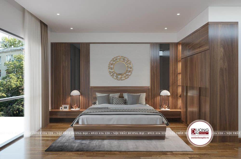 Thiết kế phòng ngủ với gỗ Veneer óc chó đẹp và ấn tượng