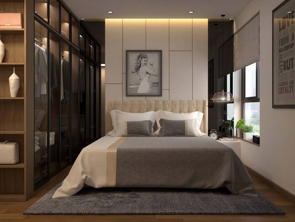 Phòng ngủ nội thất gỗ rộng rãi và tinh tế với gam màu trung tính