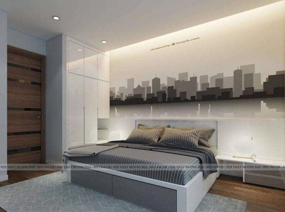 Thiết kế phòng ngủ hiện đại với tường mica bóng loáng
