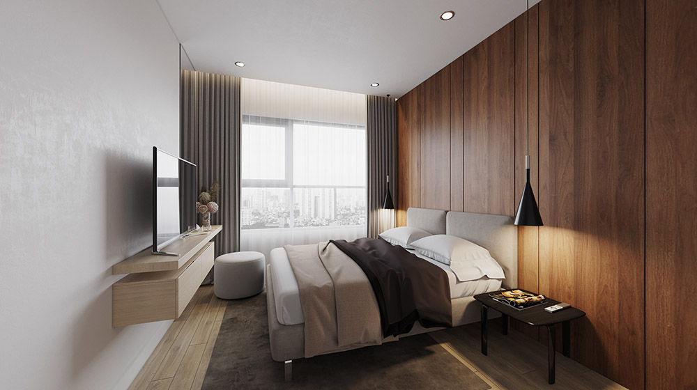 Phòng ngủ chung cư diện tích 12m2 siêu gọn gàng với nội thất treo tường