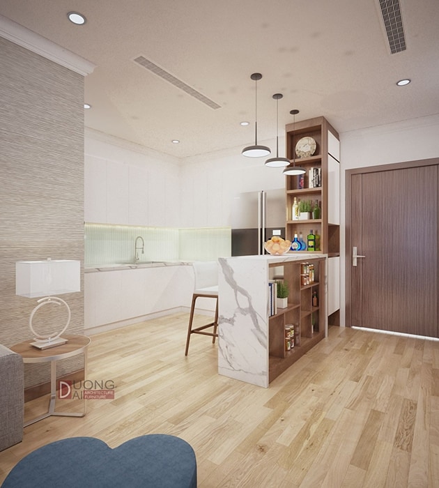 Thiết kế nội thất phòng bếp tiện nghi với tủ bếp trắng
