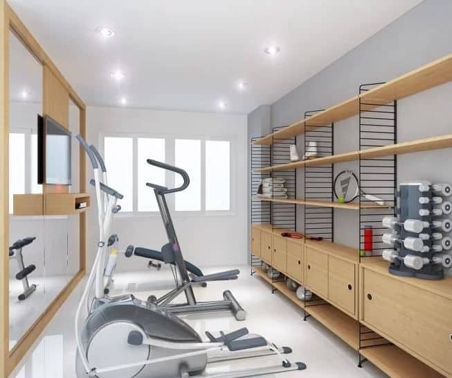 Phòng gym trang trí đơn giản với mảng kính lớn và TV giúp kéo dài hiệu quả tập luyện Phòng gym trang trí đơn giản với mảng kính lớn và TV giúp kéo dài hiệu quả tập luyện