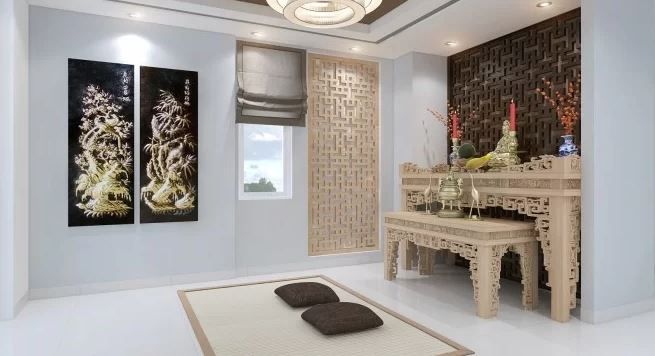 Phòng thờ trang nghiêm với nhiều chi tiết mảng trang trí gỗ. Phòng thờ trang nghiêm với nhiều chi tiết mảng trang trí gỗ.