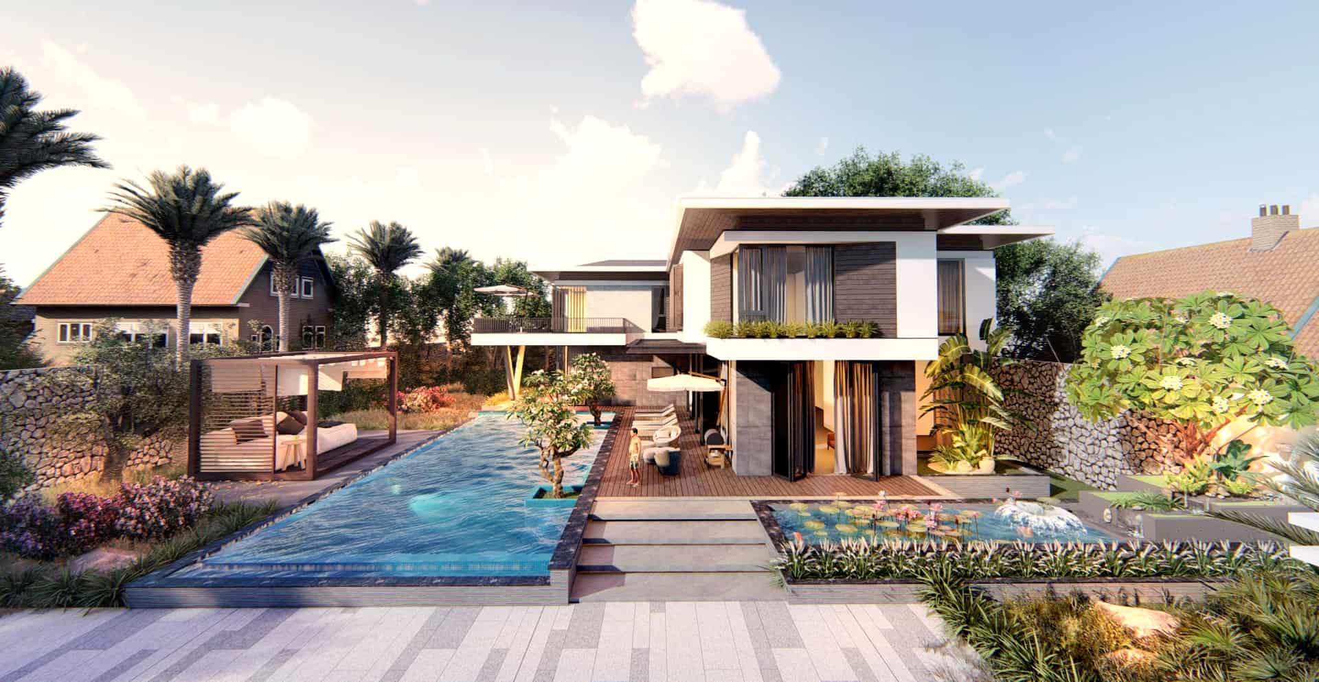 Kiến trúc siêu hiện đại của biệt thự 2 tầng nghỉ dưỡng cùng bể bơi chữ nhật trải dài