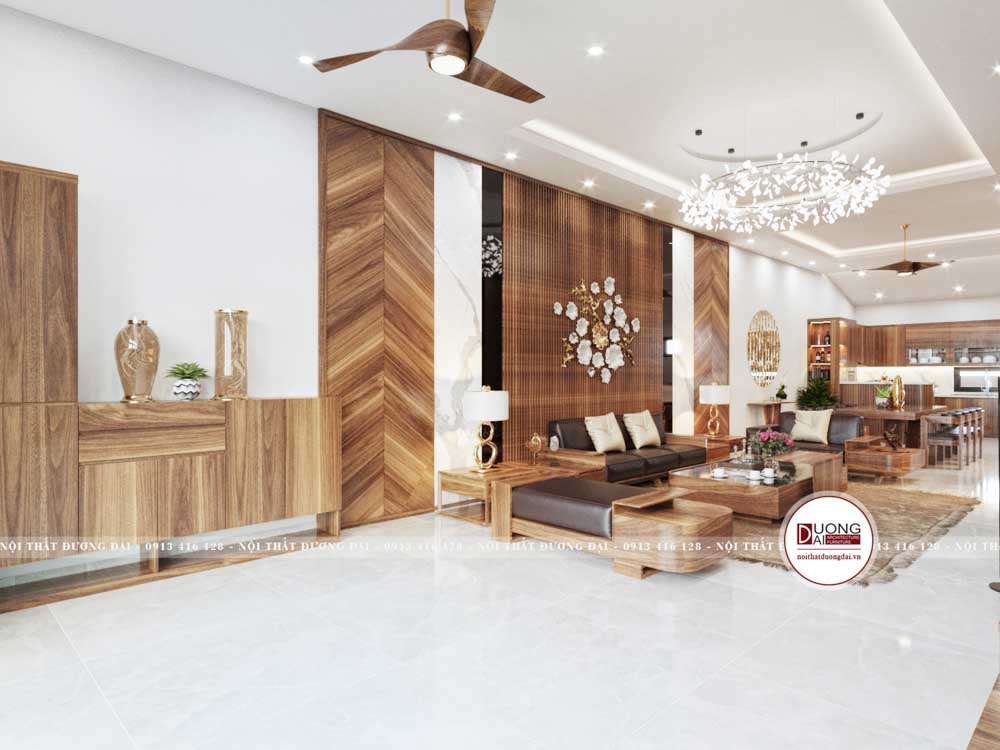 Nội thất gỗ tự nhiên biến không gian phòng khách bếp trở nên xa hoa sang trọng hơn