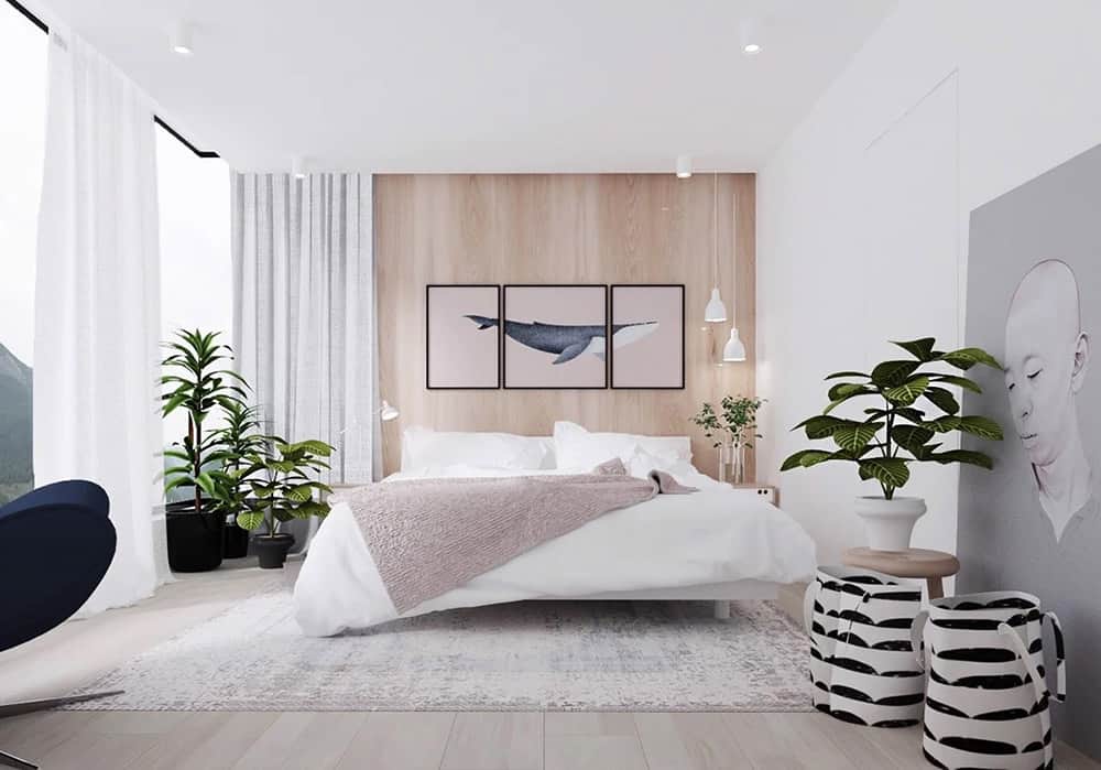 Phòng ngủ được trang trí đơn giản bằng cây xanh