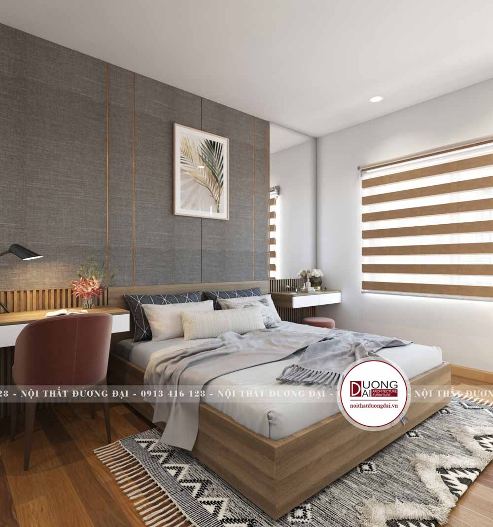 Phòng ngủ sử dụng nội thất gỗ công nghiệp màu vân gỗ sồi