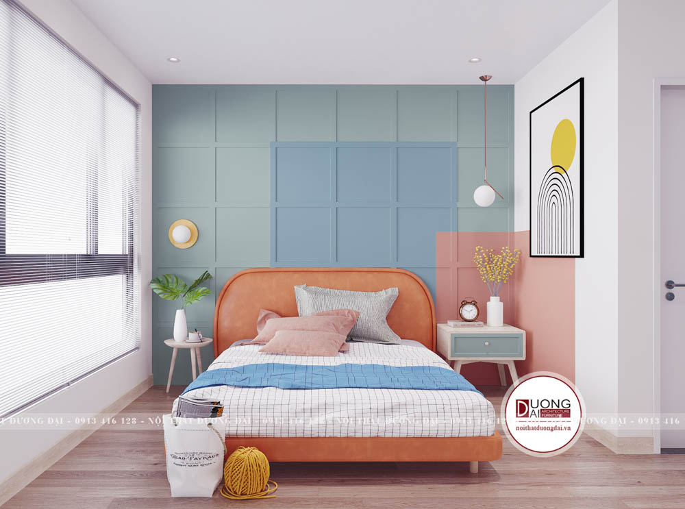 Phòng ngủ Master ấn tượng với gam màu xanh pastel và màu hồng cam