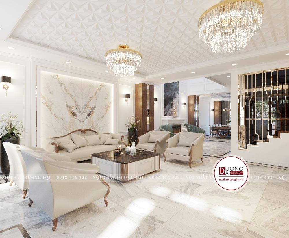 Thiết kế phòng khách tân cổ điển siêu xa hoa với màu trắng và be sáng