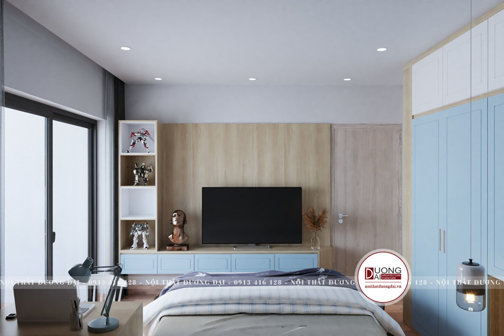 Thiết kế phòng ngủ tiện nghi với góc học tập và giá sách treo tường