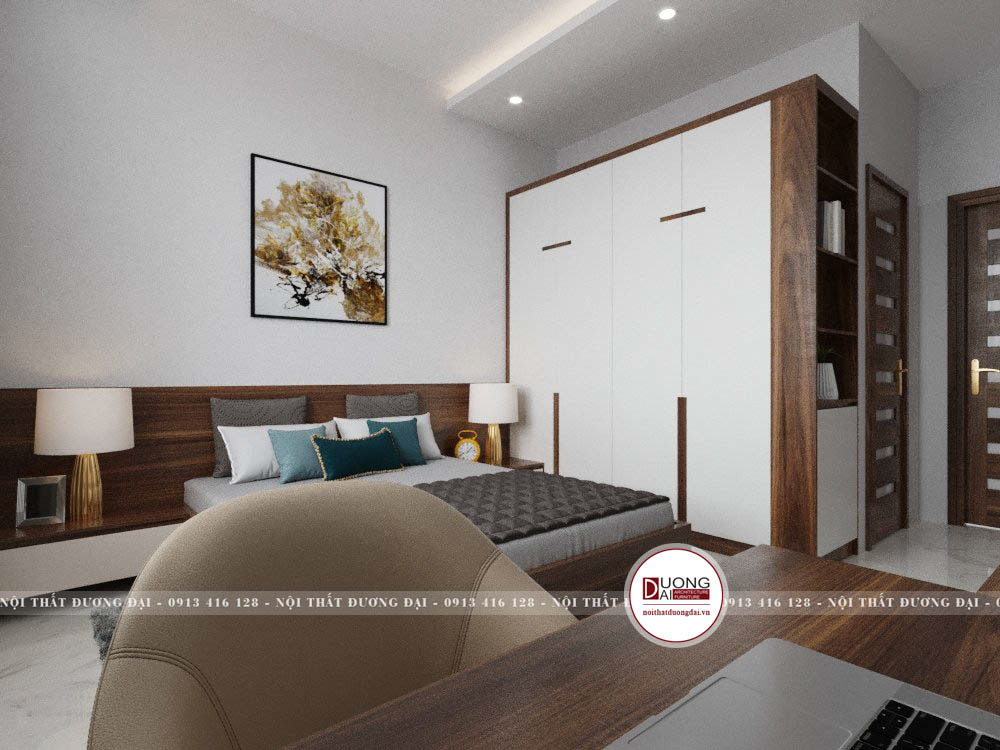 Phòng ngủ sử dụng gỗ công nghiệp vào nội thất với màu trắng và nâu trầm