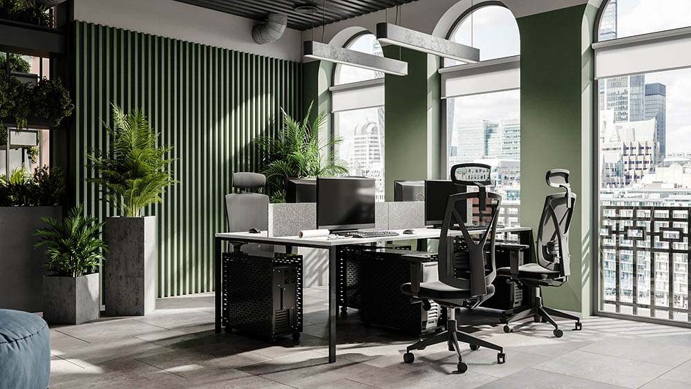 Văn phòng không gian mở có cây cảnh xanh mát làm điểm nhấn