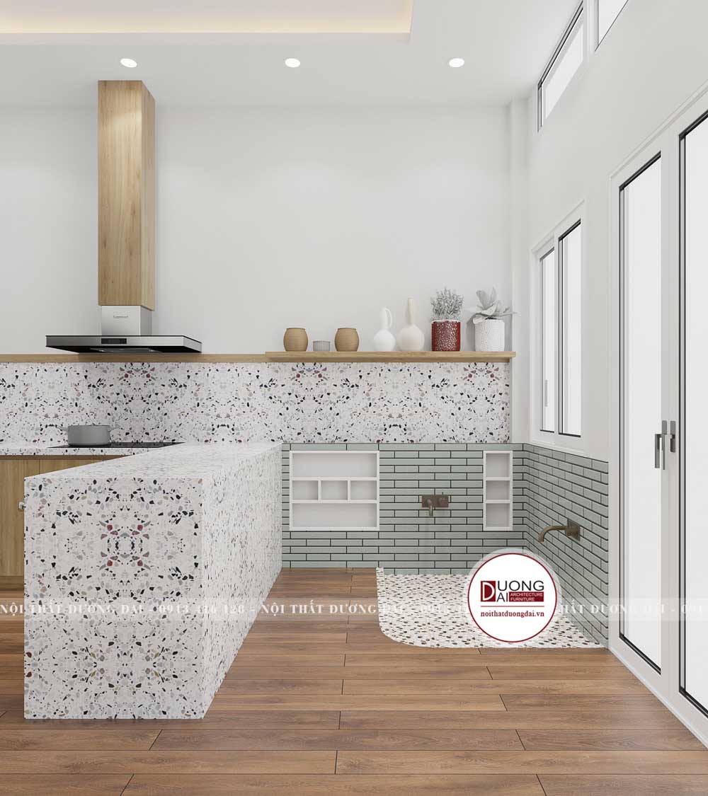 Không gian phòng bếp được thiết kế bằng đá và gạch lát tinh tế, sang trọng