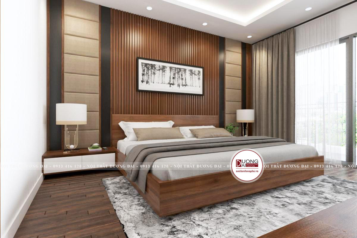 Căn phòng ngủ master sang trọng và đẳng cấp với chất liệu gỗ