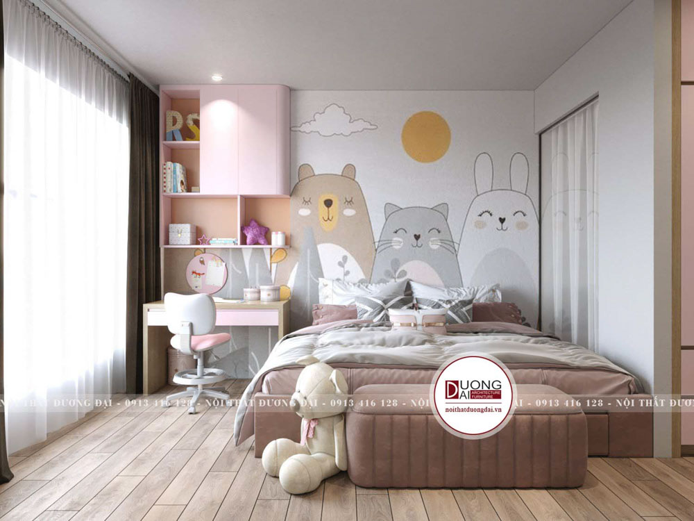 Căn phòng ngủ của bé gái được thiết kế theo đúng như yêu cầu và sở thích của bé