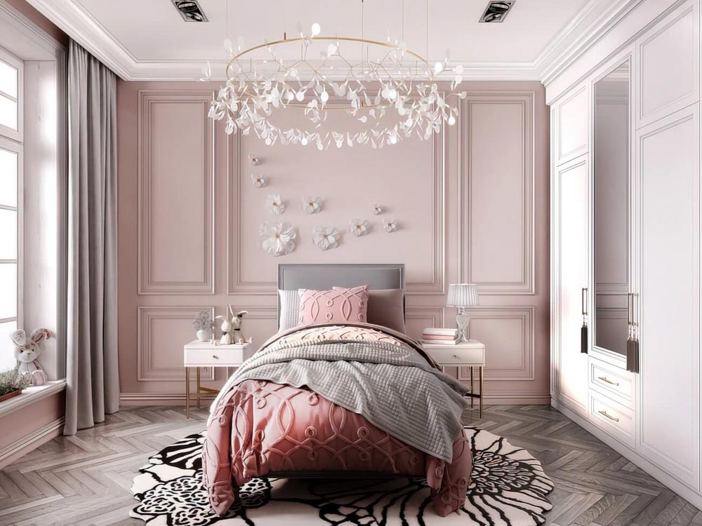 Phòng ngủ tân cổ điển màu hồng ngọt ngào