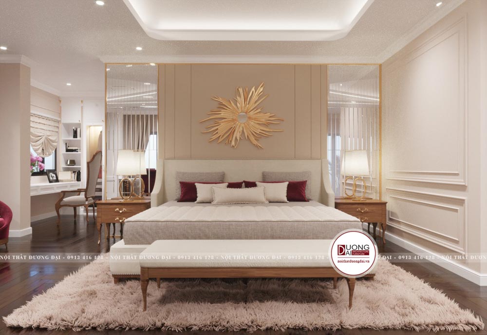 Không gian phòng ngủ thiết kế theo phong cách hiện đại với tone kem chủ đạo