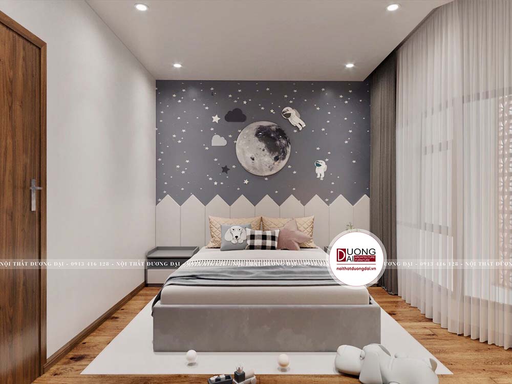 Thiết kế phòng ngủ bé trai với hình ảnh vũ trụ phi hành gia.