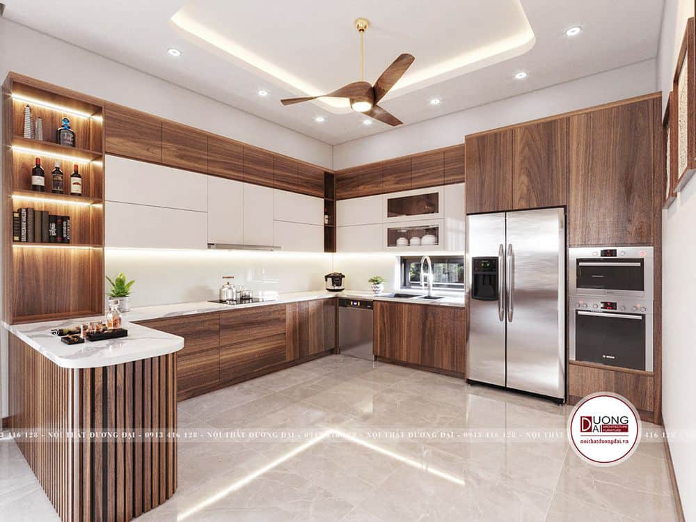 Thiết kế phòng bếp tiện nghi có đảo bếp và tủ rượu
