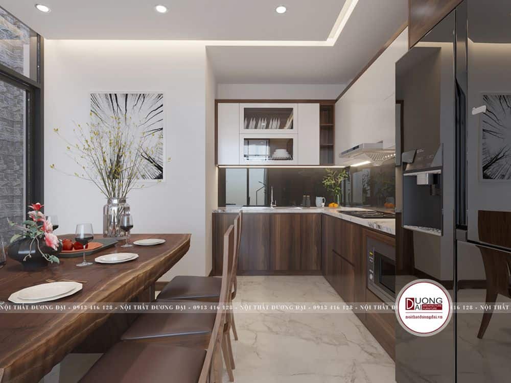 Tủ bếp chữ L chất liệu gỗ An Cường phủ Laminate